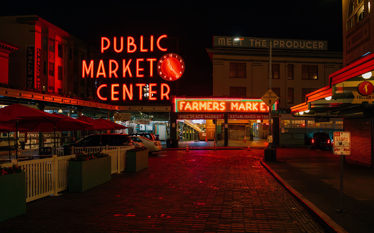 Public Market Center sign at night