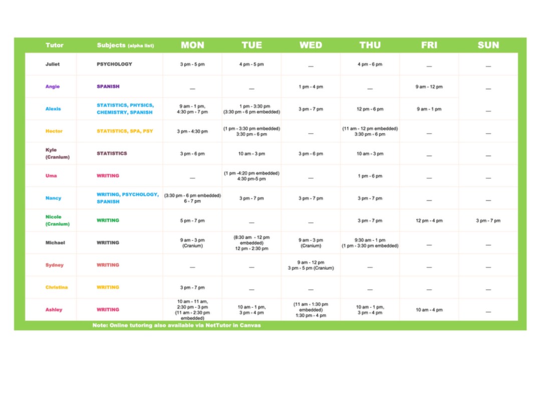 Fall 2024 Tutor Schedule 2